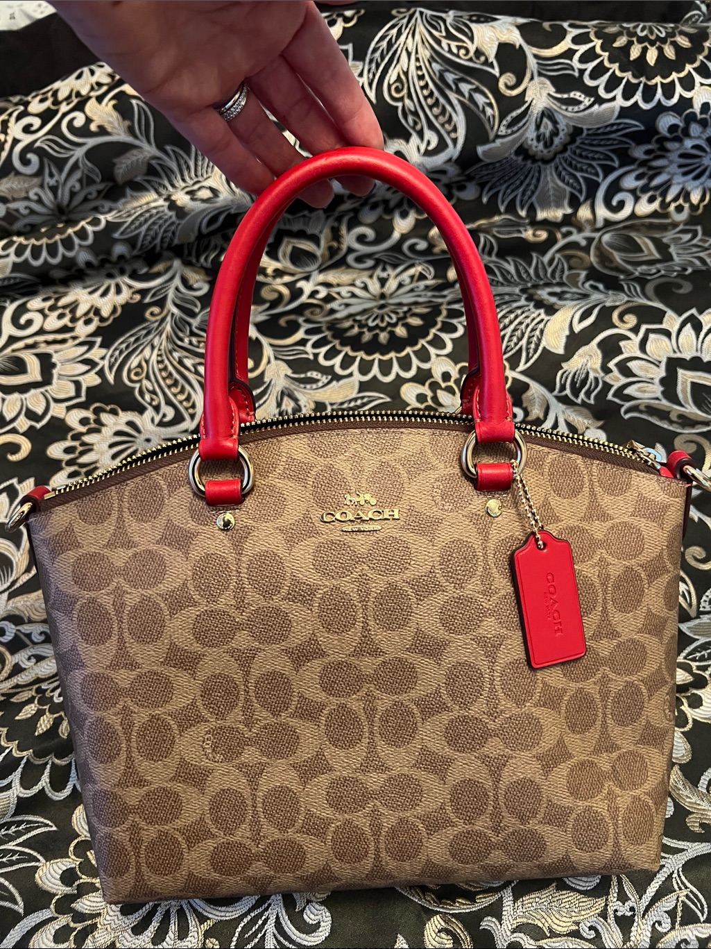 Coach Brown Signature Dome Satchel With Red Handles Also Red Cross Body Strap